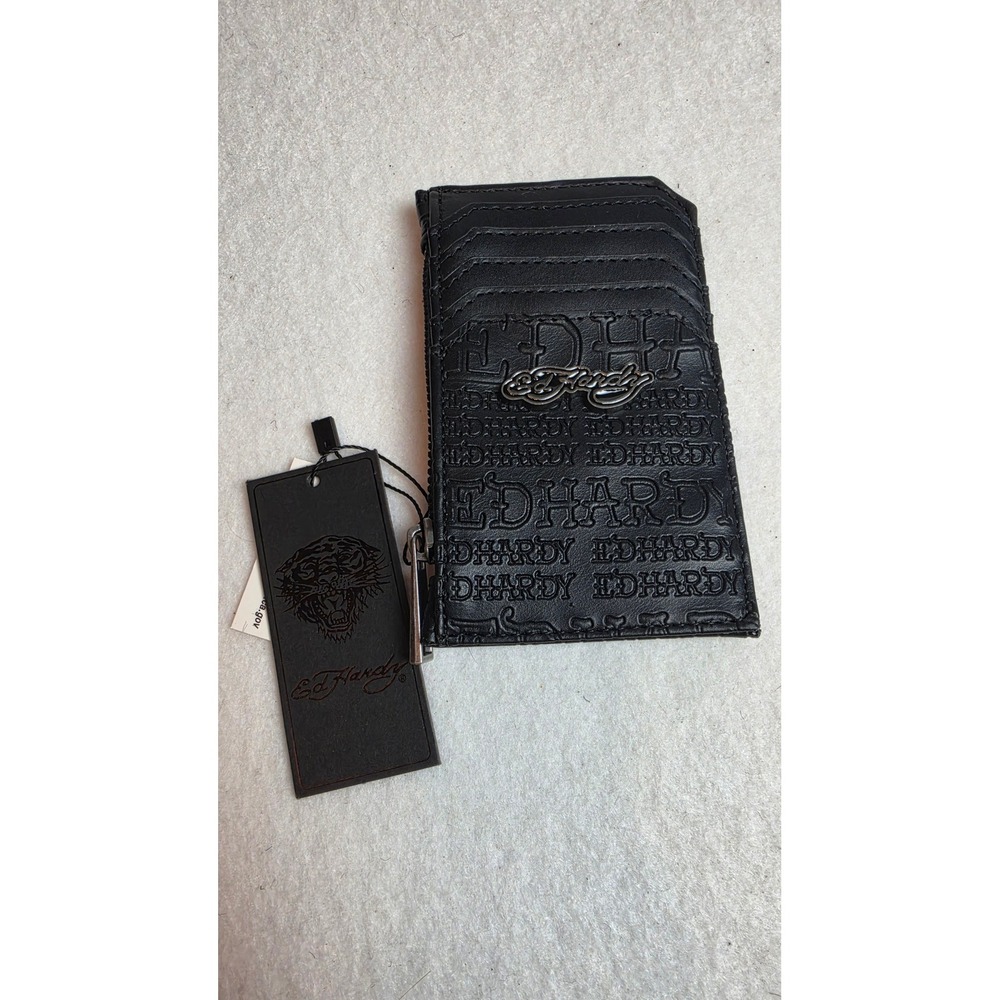 Ed Hardy Black Embossed Logo Card Holder Wallet Zip Pouch Y2K Streetwear New